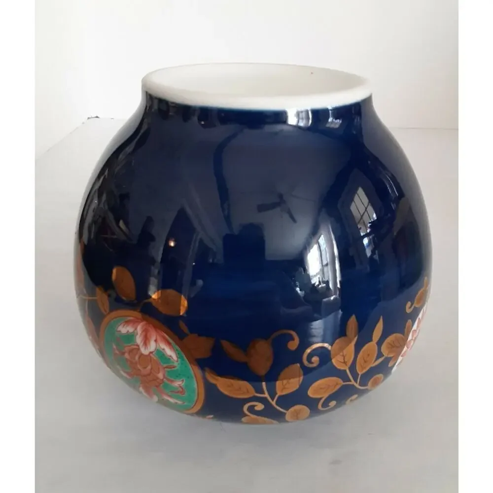 Potiche a' Fleur Cobalt Blue Hand Painted & Gold Leaf Vase,Porcelain, Signed